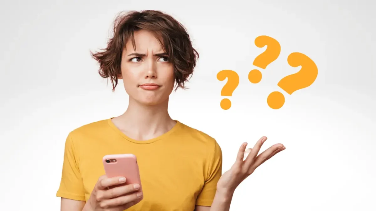 Blog post cover image about printing terms, showing a questioning woman with some question marks.